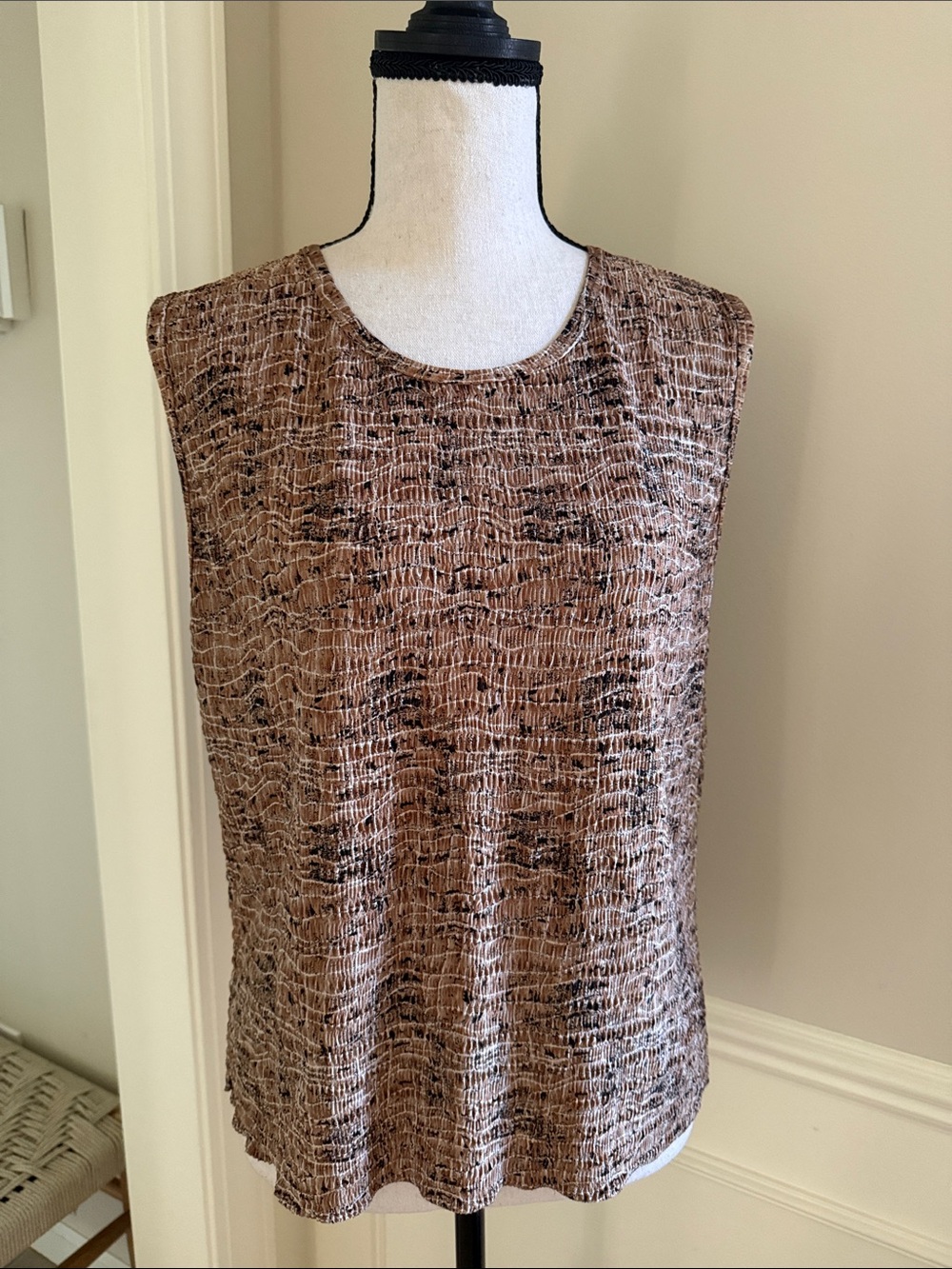 Vintage Pleat Pleat by Rafael Textured Sleeveless Top XL Brown Tan Abstract